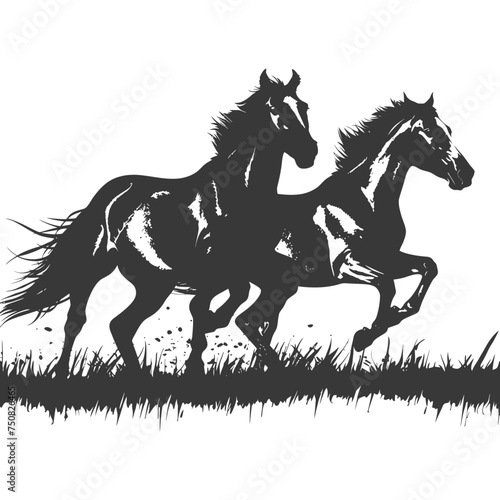 Silhouette two horses galloping