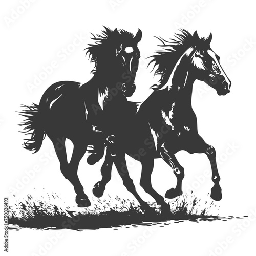 Silhouette two horses galloping