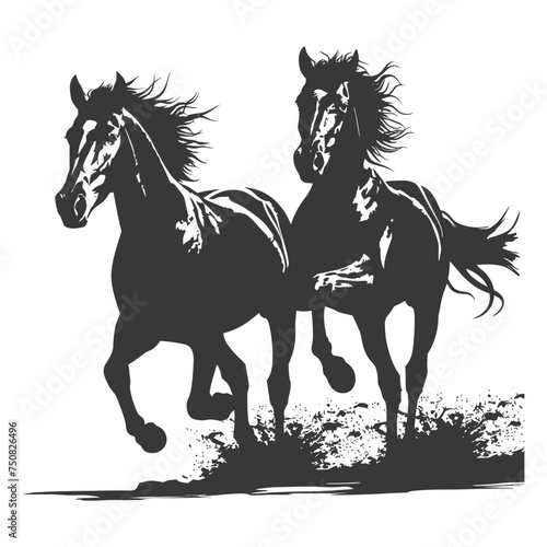 Silhouette two horses galloping