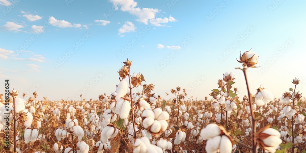 Cotton farm during harvest season. Field of cotton plants with white bolls. Sustainable and eco-friendly practice on a cotton farm. Organic farming. Raw material for textile industry - obrazy, fototapety, plakaty 