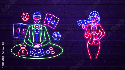 Neon stickman man and woman with cards, dice and poker chips. The concept for an online casino.