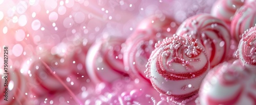 Abstract candy swirls with sparkling water droplets on a pink bokeh background, representing a festive and joyful atmosphere.