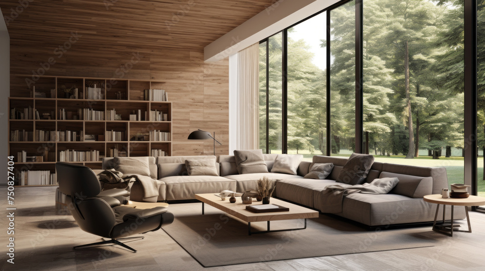 A modern living space with an earth-friendly sectional, accent chairs and coffee table made from reclaimed wood