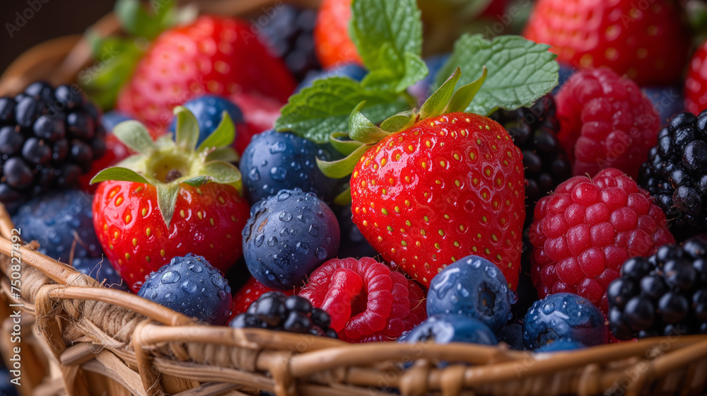 Close up of vibrant collection of fresh berries, including strawberries, blueberries, raspberries, and blackberries, beautifully arranged in a wicker fruit basket. Close up of vibrant collection of fresh berries, including strawberries, blueberries, raspberries, and blackberries, beautifully arranged in a wicker fruit basket.