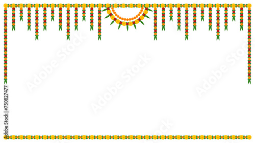Traditional floral garland marigold toran vector wedding and festival decoration, Diwali decoration floral border on transparent background PNG