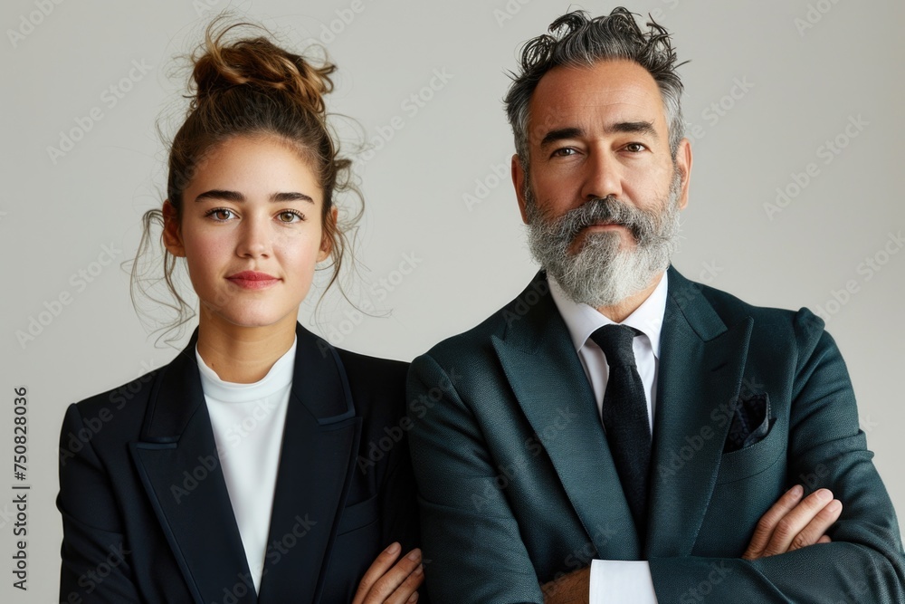 A man and woman elegantly stand side by side. Both are dressed in traditional attire, radiating a sense of unity and harmony A man and woman elegantly stand side by side. Both are dressed in traditional attire, radiating a sense of unity and harmony
