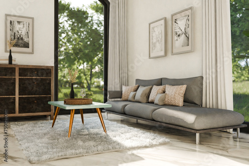 luxurious loft apartment with floor-to-ceiling windows and panoramic view; modern minimalistic interior design of living room area; bright daylight; 3D rendering