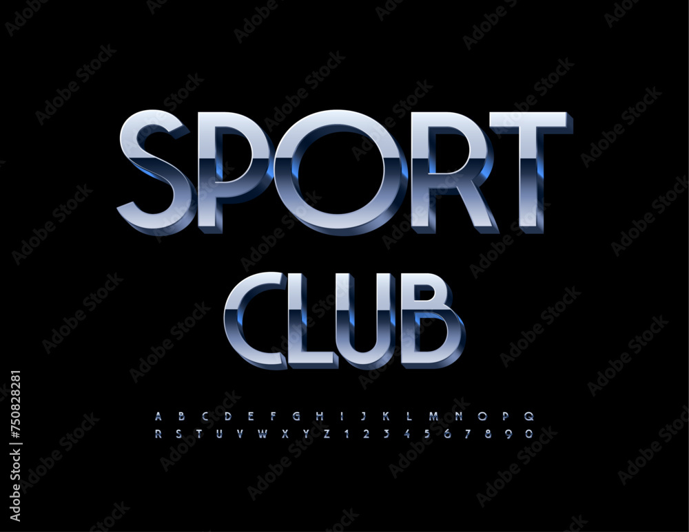 Vector Steel Sign Sport Club. Cool Silver 3D Font. Metallic Alphabet Letters and Numbers set.