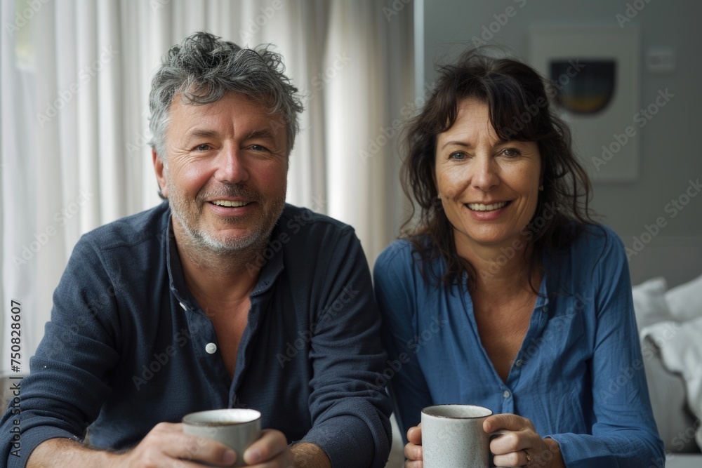 A middle-aged man and woman sit at a table, savoring coffee together