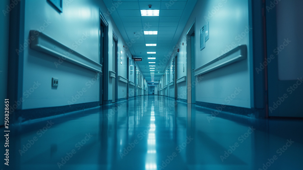 Empty Blue Hospital Corridor at Night, A Blurred Perspective of a Hospital Corridor Empty Blue Hospital Corridor at Night, A Blurred Perspective of a Hospital Corridor
