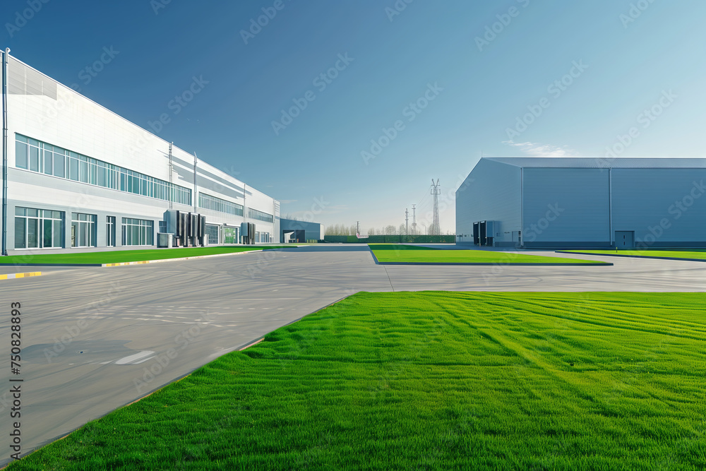 Modern Industrial Warehouse Complex on Sunny Day. Expansive modern warehouse buildings under clear blue skies, with lush green lawns and spacious concrete grounds. Modern Industrial Warehouse Complex on Sunny Day. Expansive modern warehouse buildings under clear blue skies, with lush green lawns and spacious concrete grounds.