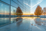 Glass Building Facade at Sunset. Reflective glass facade of a modern building capturing the golden hues of sunset.