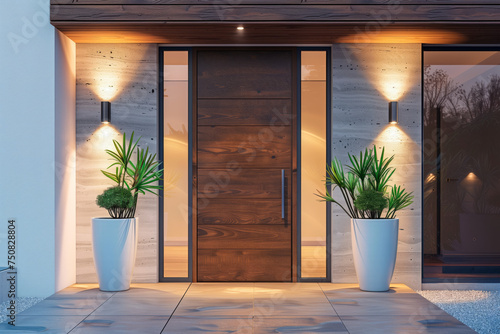 Contemporary Home Entry with Pendant Lights and Plants. An elegant entrance of a modern home at dusk  highlighted by stylish pendant lights and potted plants.