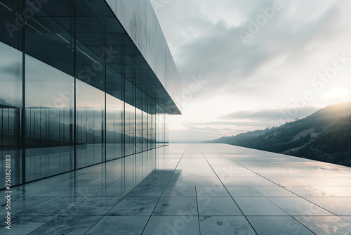 Futuristic Glass Building Overlooking Misty Mountains. A futuristic building with a glass facade reflects the early morning mist over tranquil mountain scenery.