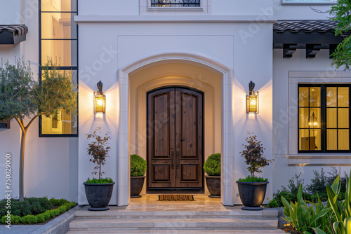 Elegant Arched Entryway with Classic Wooden Doors at Twilight. Elegant home s arched entryway  enhanced by classic wooden doors and warm sconce lighting  accented with lush potted plants.