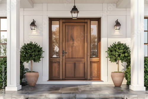 Elegant Home Entry with Wood Door. Modern home entry featuring a warm wooden door flanked by potted topiaries. photo