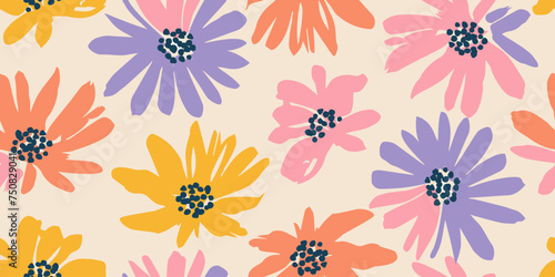 Exotic hand drawn flowers, seamless patterns with colorful floral for fabric, textiles, wrapping paper, cover, banner, home decor, wall art, abstract backgrounds. Vector illustration.