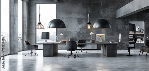 Urban chic office with concrete floors  pendant lights  and modern workstations.