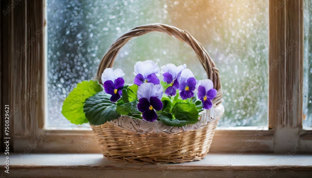 blooming violets in a wicker basket on a light windowsill near the window