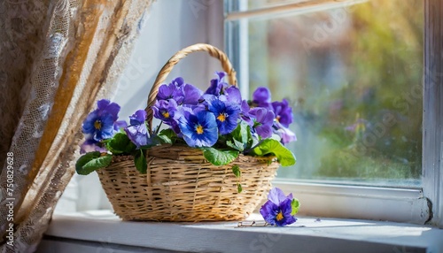 Blue pansies in the basket on the windowsill 