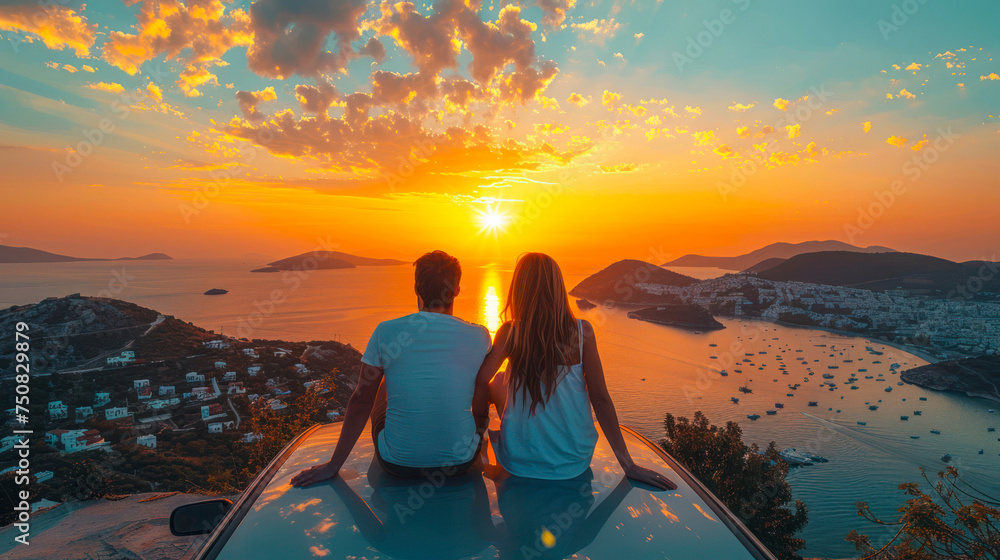 A couple sits atop their car on a hill, overlooking a vivid sunset against a backdrop of islands and sea