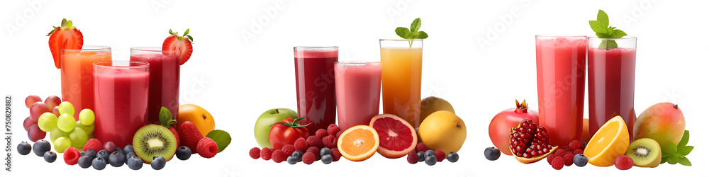 Freshly pressed Fruit vegetable juice smoothie glasses with fruits veggie toppings on transparent background cutout. PNG file. Many assorted different flavour. Mockup template for artwork design Freshly pressed Fruit vegetable juice smoothie glasses with fruits veggie toppings on transparent background cutout. PNG file. Many assorted different flavour. Mockup template for artwork design