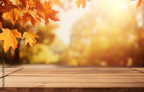 autumn background with autumn leaves on wooden board  in the style of light-filled landscapes   reated with Generative Ai