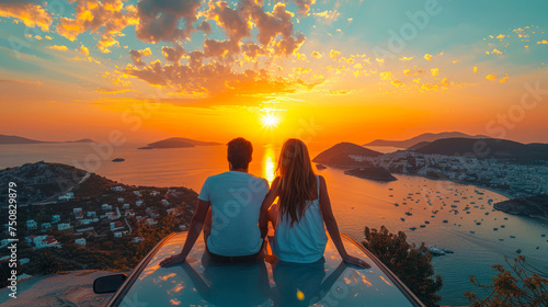 A couple sits atop their car on a hill, overlooking a vivid sunset against a backdrop of islands and sea