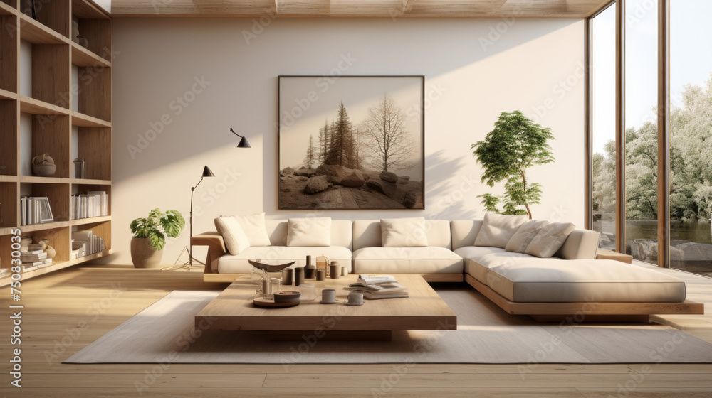 A modern living room with sustainable furniture and natural wood accents A modern living room with sustainable furniture and natural wood accents