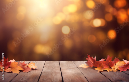 autumn background with autumn leaves on wooden board, in the style of light-filled landscapes сreated with Generative Ai