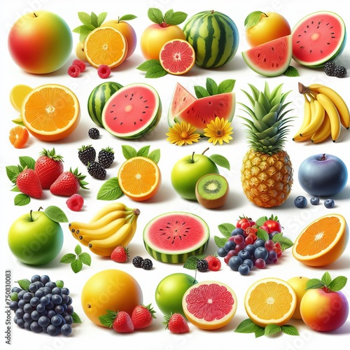 summer fruits collection, 3d render, isolated on white background
