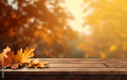 autumn background with autumn leaves on wooden board  in the style of light-filled landscapes   reated with Generative Ai