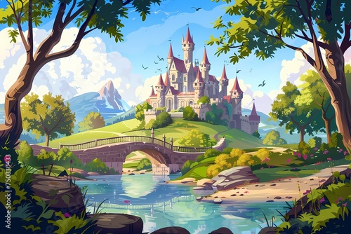 Landscape with fairy tale castle and small bridge photo