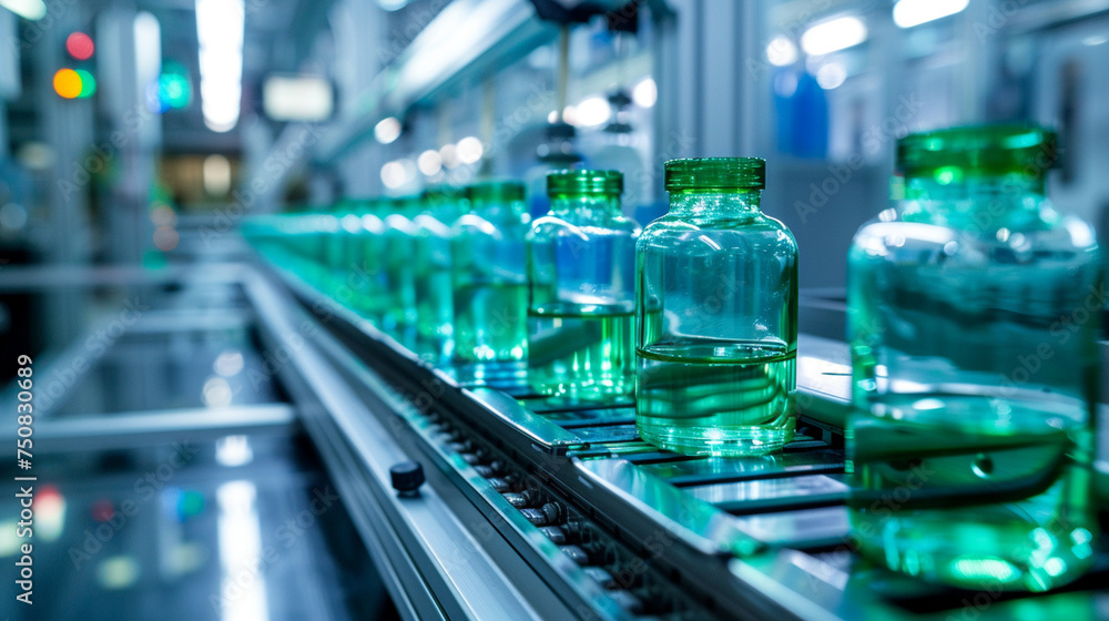 An automated assembly line where glass bottles are being filled with a green antiviral agent, under the watchful eyes of virologists, Glass bottles in production, Virologist, Bioch An automated assembly line where glass bottles are being filled with a green antiviral agent, under the watchful eyes of virologists, Glass bottles in production, Virologist, Bioch