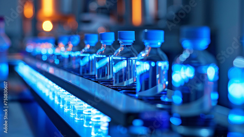 Glass bottles passing through a UV light sterilization process after being filled with a biochemical solution, ensuring purity and efficacy, Glass bottles in production, Virologist photo