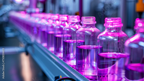 Glass bottles passing through a UV light sterilization process after being filled with a biochemical solution, ensuring purity and efficacy, Glass bottles in production, Virologist © Катерина Євтехова