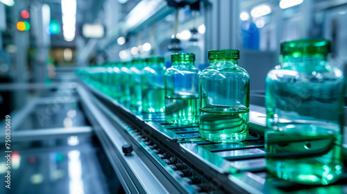 An automated assembly line where glass bottles are being filled with a green antiviral agent, under the watchful eyes of virologists, Glass bottles in production, Virologist, Bioch