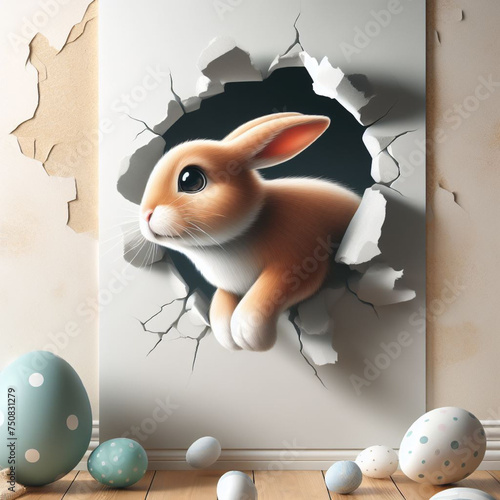 Poster of a rabbit peeking out of a hole in the wall, a rabbit jumping out of a torn hole, generative AI photo