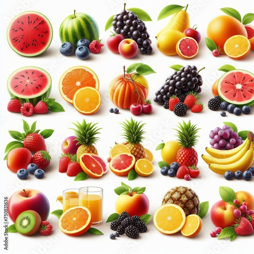 summer fruits collection, 3d render, isolated on white background
