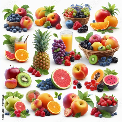 summer fruits collection, 3d render, isolated on white background 