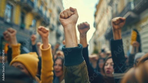 Diverse Interracial People raise hands up. American Male Female fists. Antiracism Equality concept. Activist people protest. Stop no racism. Active protesters crowd fight freedom. Peace demonstration.