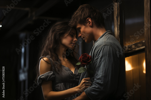 a man and woman are looking at each other and the woman is holding a rose