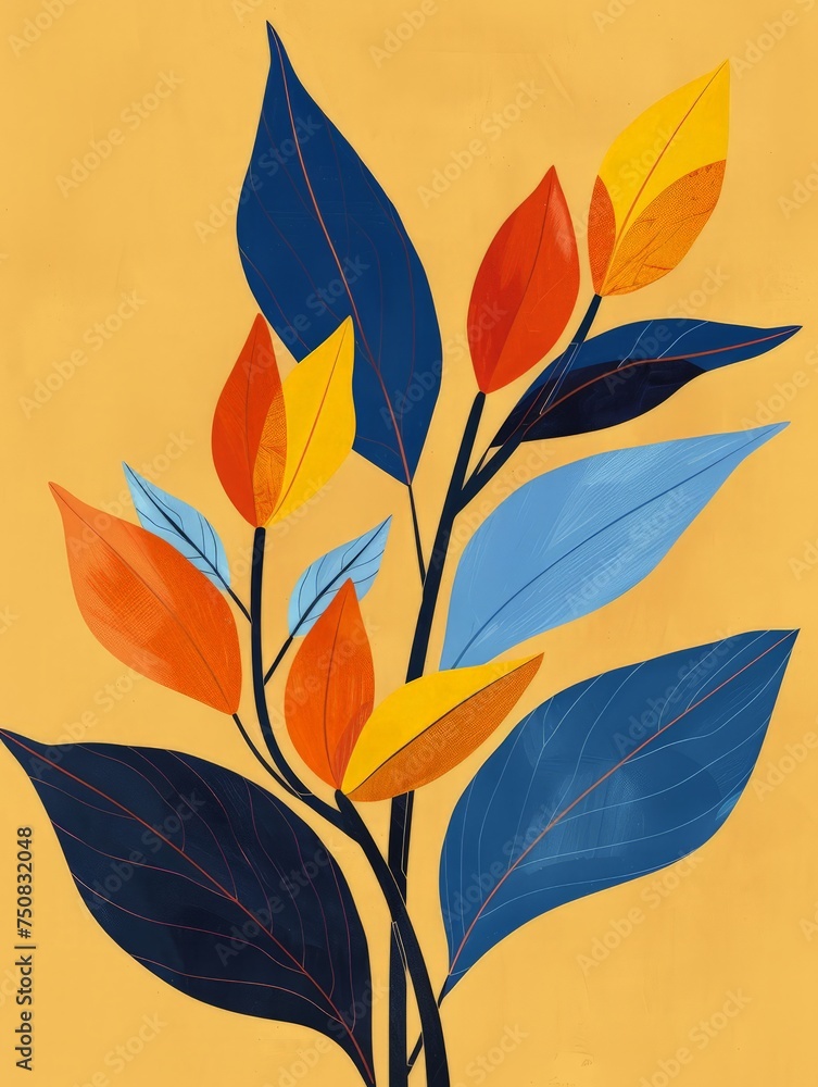 Fototapeta premium A painting displaying vibrant leaves in various hues such as red, orange, and green against a bright yellow backdrop, creating a visually striking and colorful composition.