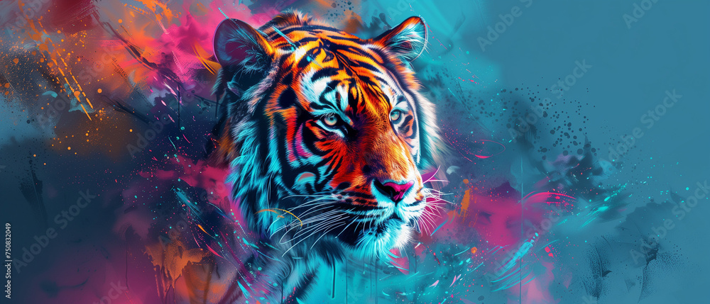 Tiger in a Whirl of Abstract Colors - obrazy, fototapety, plakaty 