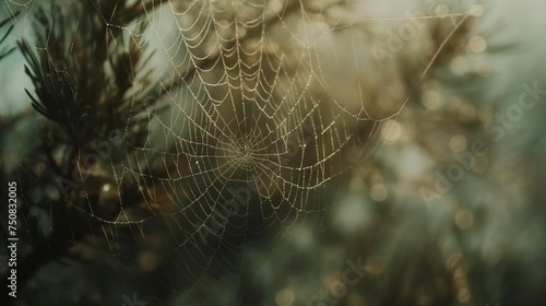 A close-up of a delicate spiderweb covered in morning dew. © Captured Moments.Co