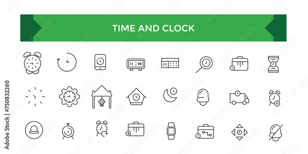 Set of Time and Clock Line Icons. UI icon set. Time, date, and location line icon set with editable stroke. Vector illustration.