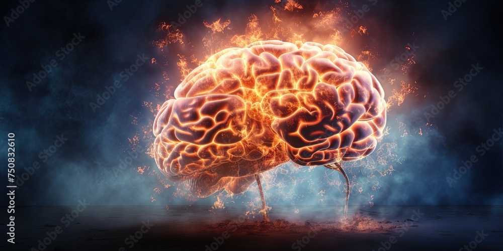 Side view of Brain on fire, exploding brain, disease concept like Parkinson's, Alzheimer's , dementia or Multiple Sclerosis - obrazy, fototapety, plakaty 