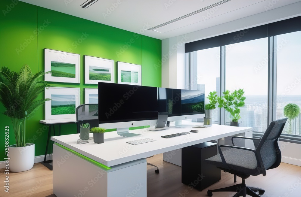Modern bright green office with work desk and computer screen