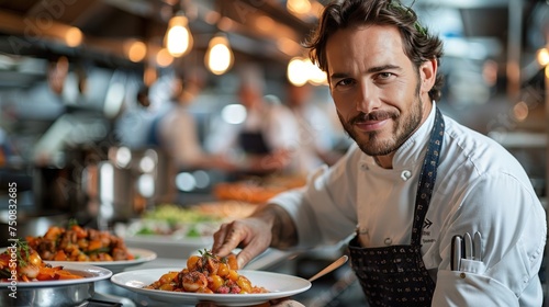 Man in Apron Holding Plate of Food