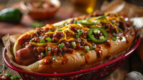 Chili Cheese Dog in Red Bowl photo